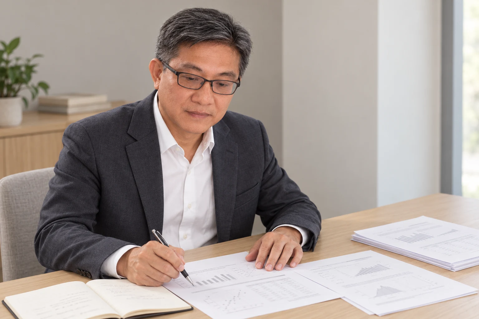 檢視研究文件與筆記的工作情境示意